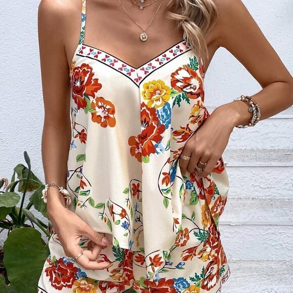 Multicolor Boho Womens Floral Print Cami Top & Shorts - Picture 2 of 5